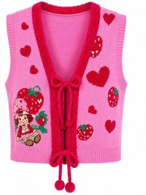 Strawberry Shortcake Pink Tie Front Knit Sweater Vest M NWT